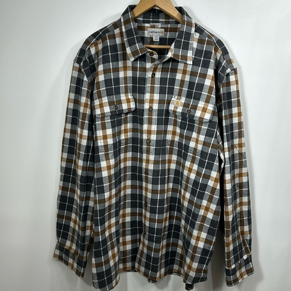 Carhartt original fit gray and brown plaid button-down flannel shirt size 2 XL. - Picture 1 of 10